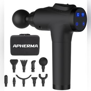 Apherma Massager comes with 10 massage heads.  Rechargeable with usb included